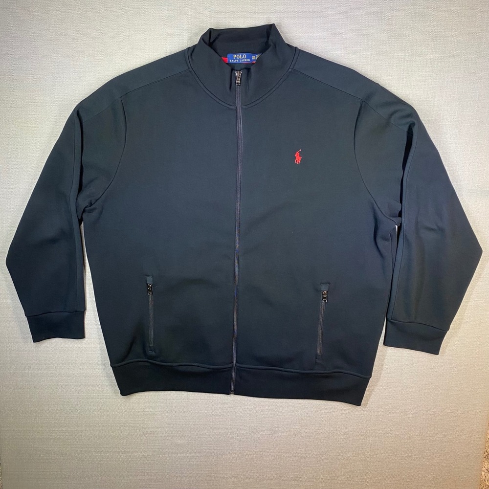 Polo Ralph Lauren Mens XXL Black Full Zip Track Jacket Red Pony Logo Double Knit